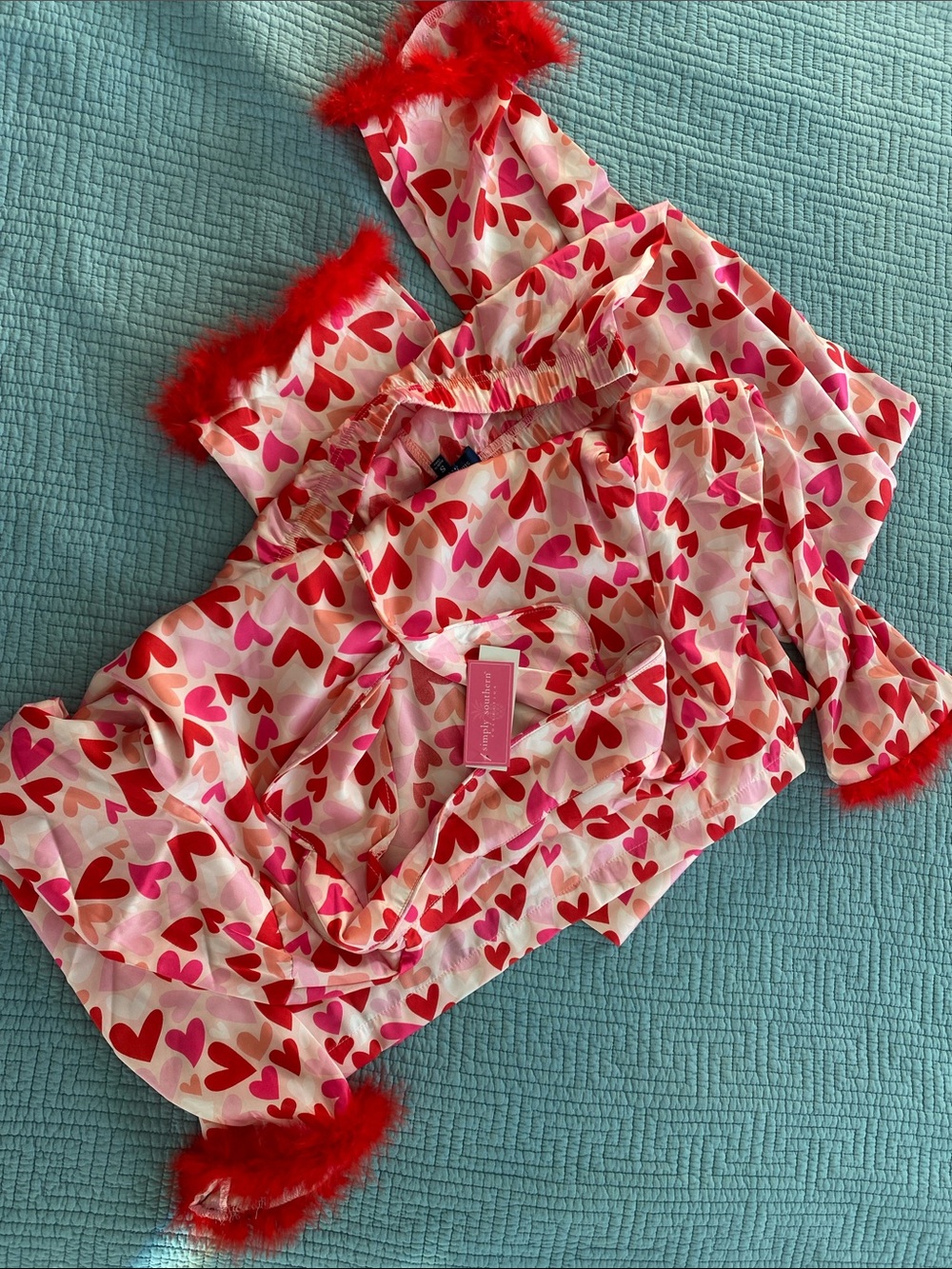 Simply Southern Pink and Red Heart Print Sleep Romper with Feather Trim
